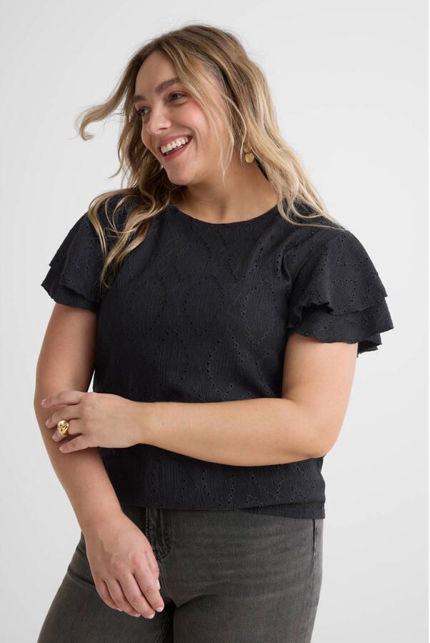 GREAT LOOKS broderie top met ruches zwart