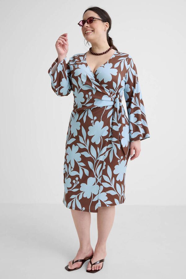 GREAT LOOKS crinkle jurk met bloemenprint blauw bruin