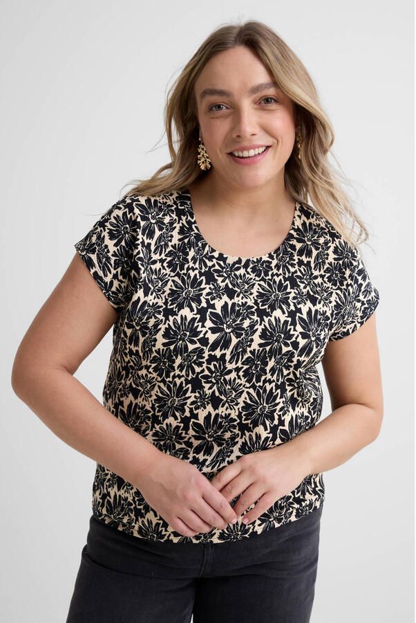 GREAT LOOKS crinkle top met bloemenprint zwart beige