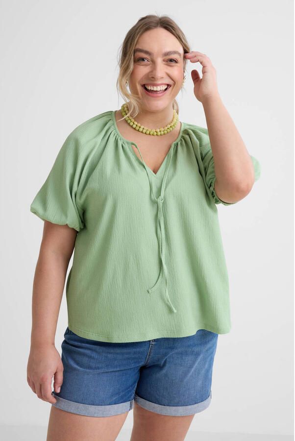 GREAT LOOKS crinkle top met strikkraag lichtgroen