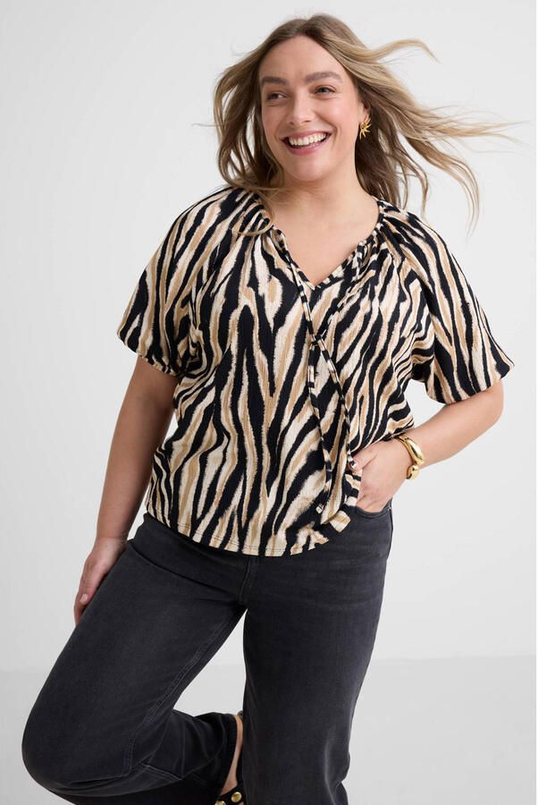 GREAT LOOKS crinkle top met strikkraag zebraprint