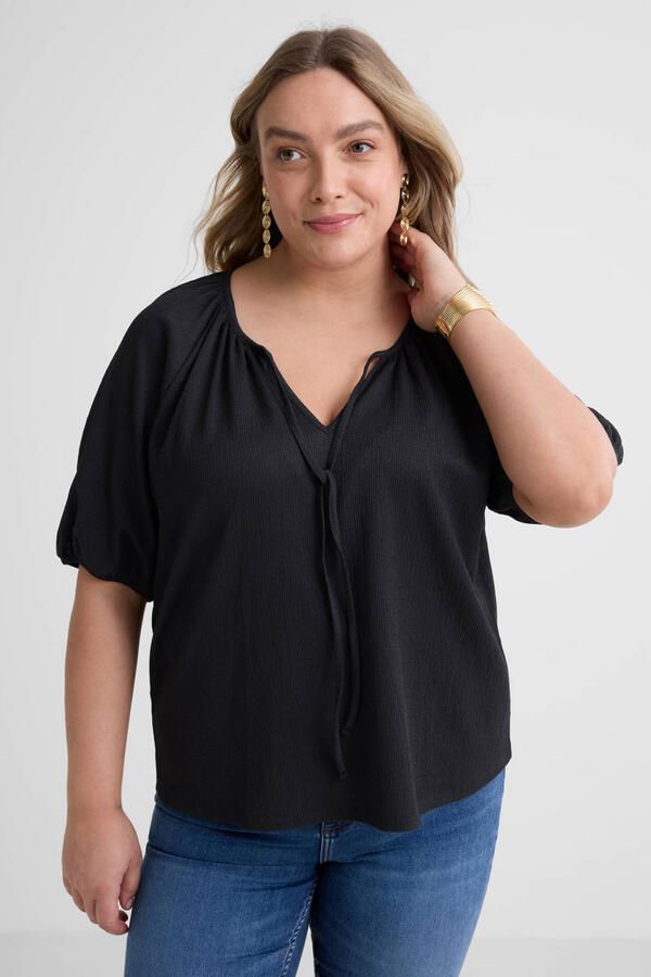GREAT LOOKS crinkle top met strikkraag zwart