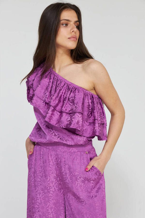 HARPER & YVE gebloemde satijnen one shouldertop ROSIE paars - Foto 2