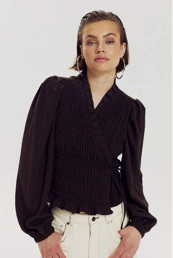 HARPER & YVE geruite blouse met smockwerk donkerbruin