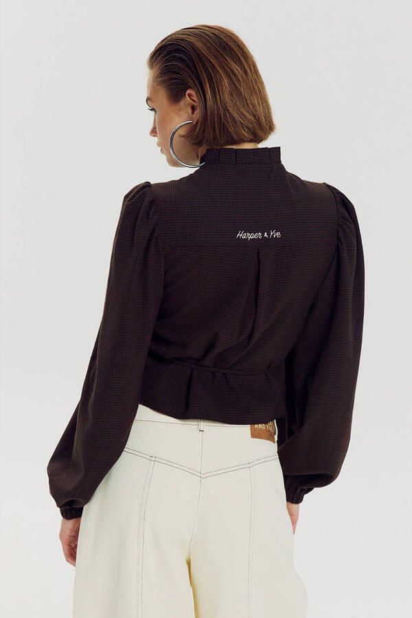 HARPER & YVE geruite blouse met smockwerk donkerbruin - Foto 3