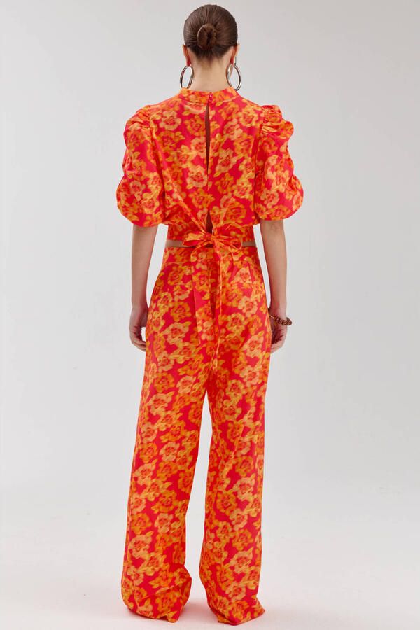 HARPER & YVE high straight gebloemde broek met plooien oranje - Foto 2