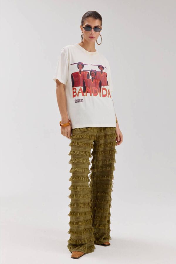 HARPER & YVE high waist straight fit broek met ruches khaki
