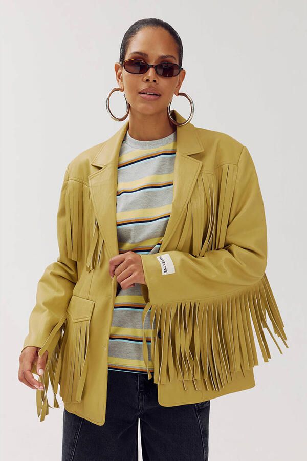 HARPER & YVE imitatieleren regular blazer met franjes mosterdgeel