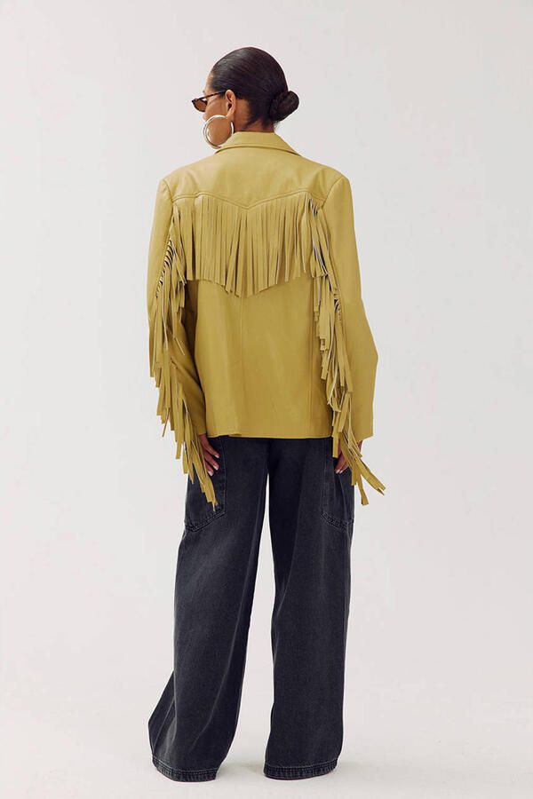 HARPER & YVE imitatieleren regular blazer met franjes mosterdgeel - Foto 3
