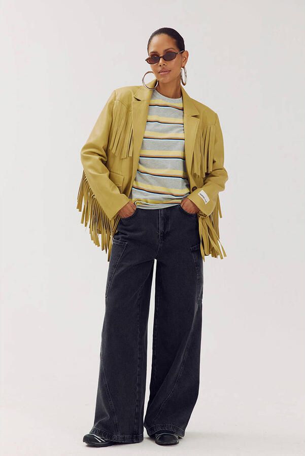 HARPER & YVE imitatieleren regular blazer met franjes mosterdgeel - Foto 2