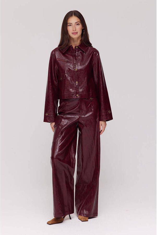 HARPER & YVE imitatieleren wide leg high waist broek donkerrood