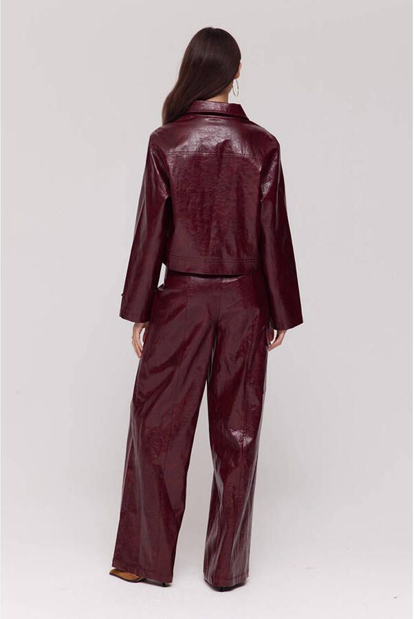HARPER & YVE imitatieleren wide leg high waist broek donkerrood - Foto 2