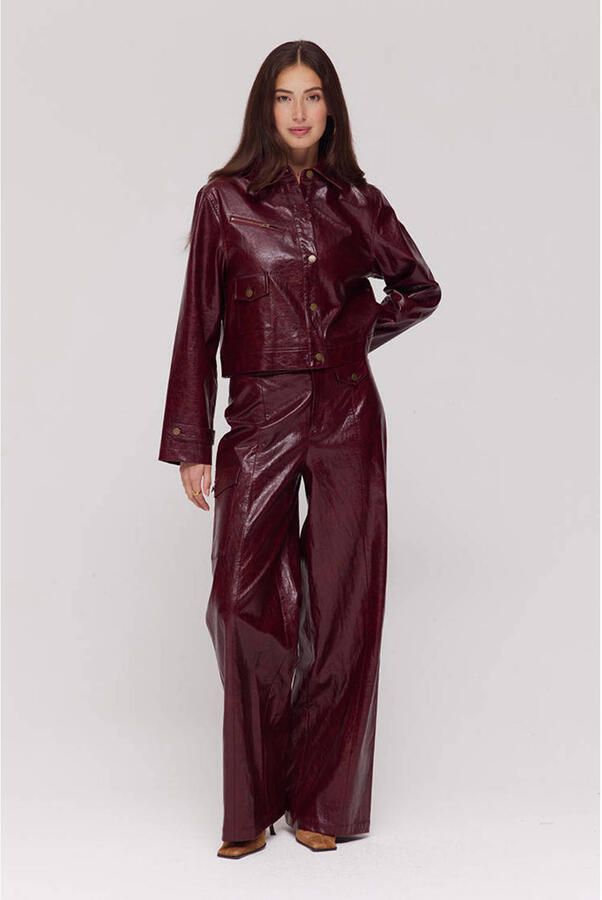 HARPER & YVE imitatieleren wide leg high waist broek donkerrood - Foto 3