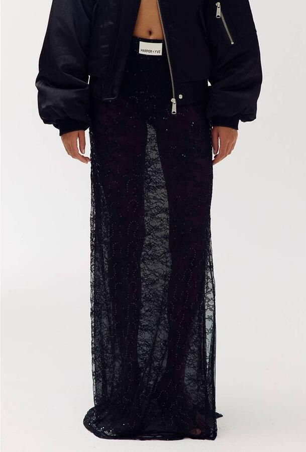 HARPER & YVE kanten maxi rok met glitters zwart