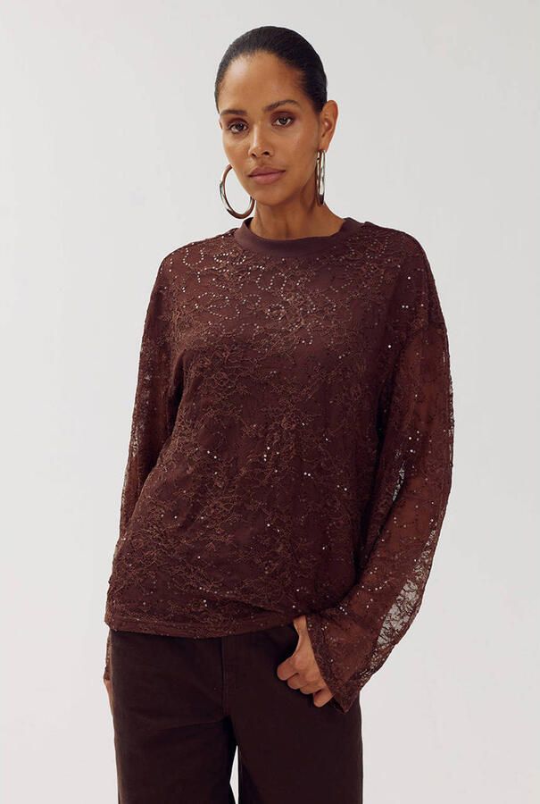 HARPER & YVE kanten oversized semi-transparante top met glitters roodbruin