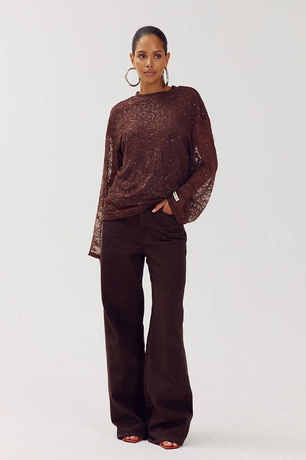 HARPER & YVE kanten oversized semi-transparante top met glitters roodbruin - Foto 3