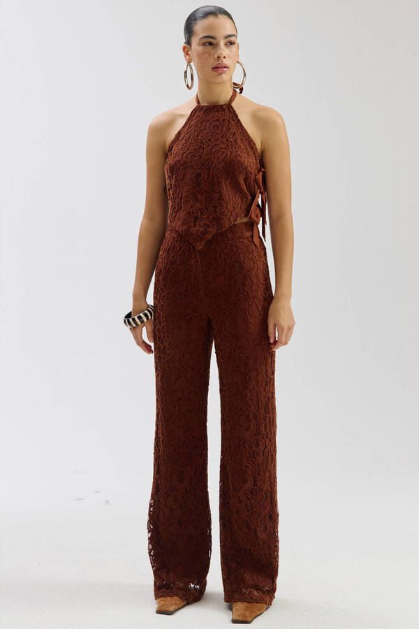 HARPER & YVE kanten straight regular waist gebloemde broek bruin