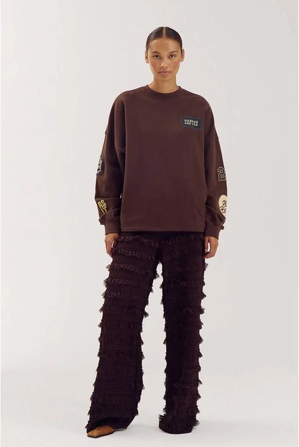 HARPER & YVE kanten wide leg broek met franjes donkerbruin