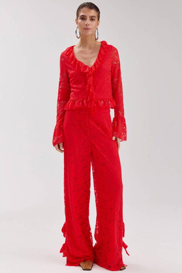 HARPER & YVE kanten wide leg regular waist gebloemde broek rood