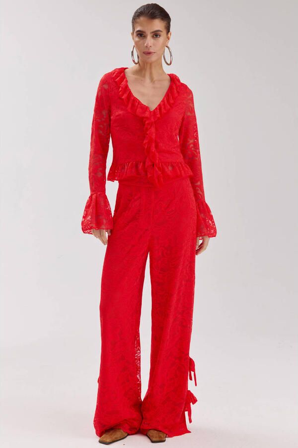 HARPER & YVE kanten wide leg regular waist gebloemde broek rood - Foto 3