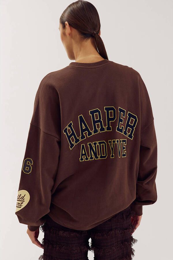 HARPER & YVE katoenen oversized trui met borduursels donkerbruin - Foto 3
