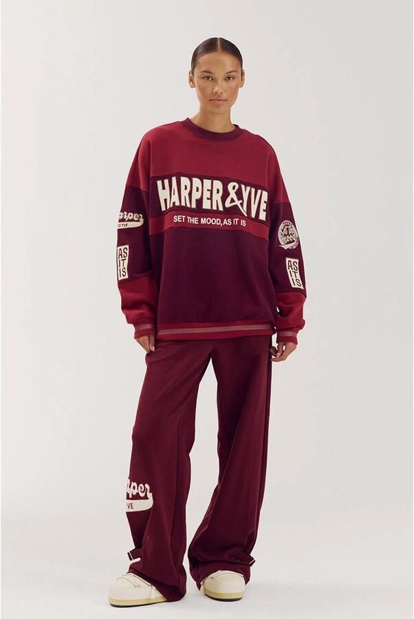 HARPER & YVE katoenen oversized trui met borduursels en logo wijnrood - Foto 2
