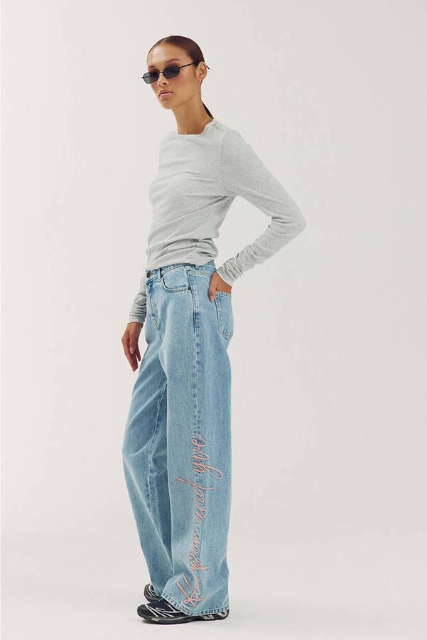 HARPER & YVE straight leg jeans met borduursels en tekst light blue denim - Foto 2
