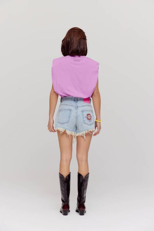 HARPER & YVE straight regular waist denim short light blue denim broderie - Foto 6