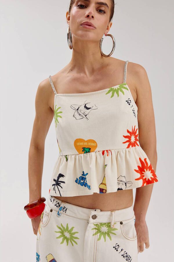 HARPER & YVE strapless katoenen peplumtop met smockwerk en print ecru