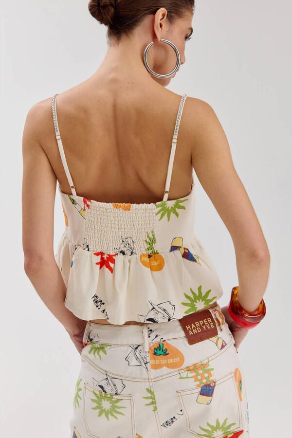 HARPER & YVE strapless katoenen peplumtop met smockwerk en print ecru - Foto 2