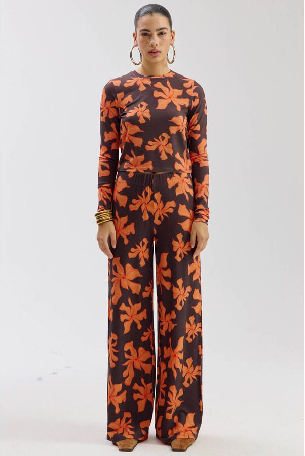 HARPER & YVE wide leg high waist gebloemde broek bruin