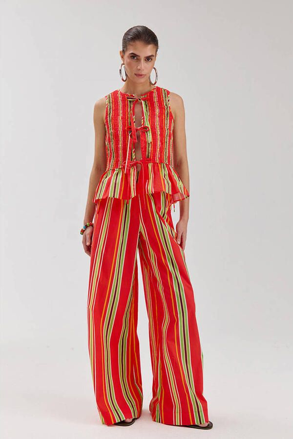 HARPER & YVE wide leg high waist gestreepte broek rood