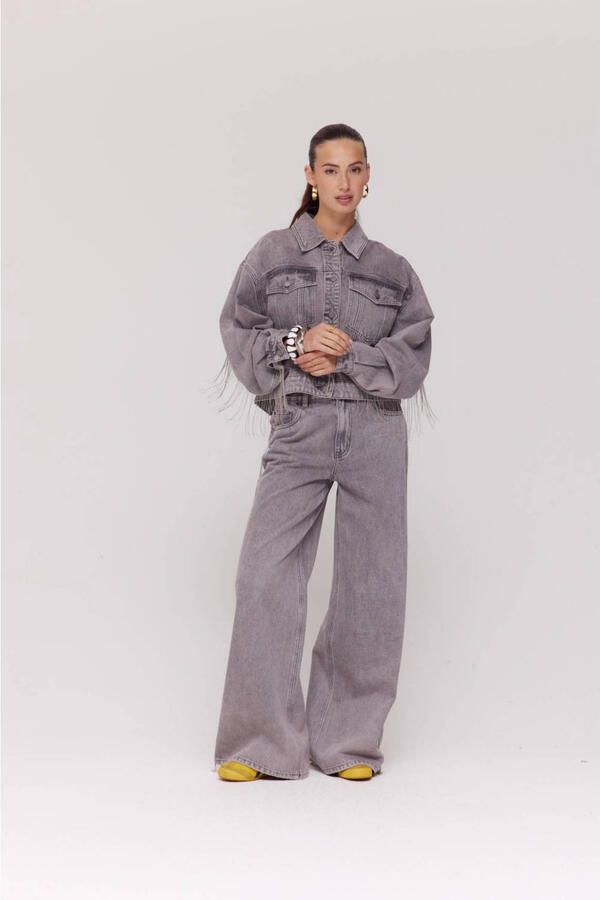 HARPER & YVE wide leg jeans grey denim met franjes