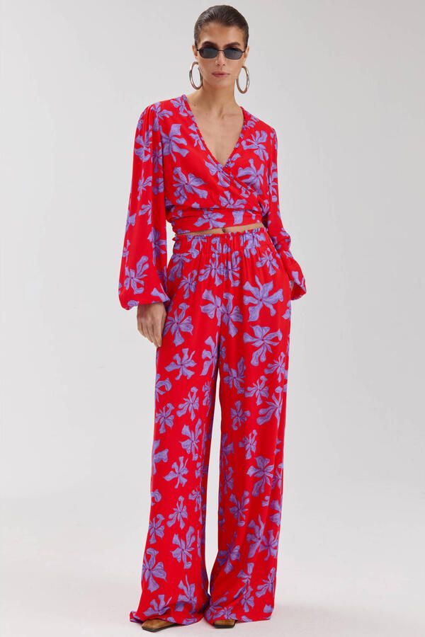 HARPER & YVE wide leg regular waist gebloemde broek rood - Foto 5