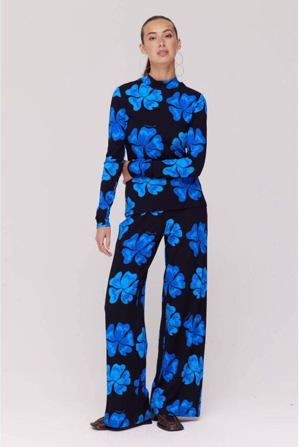 HARPER & YVE wide leg regular waist gebloemde casual broek blauw