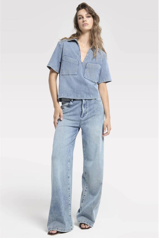 Homage to Denim high waist wide leg jeans met krijtstreep medium blue denim