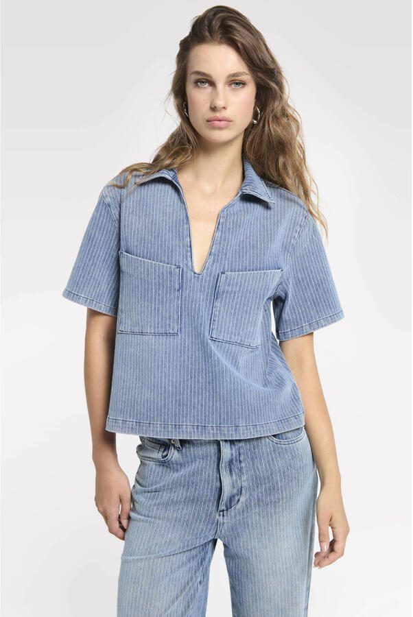 Homage to Denim top met krijtstreep medium blue denim