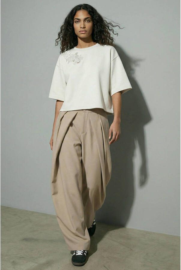 HYPEDROP wide leg regular waist casual broek taupe gebreid