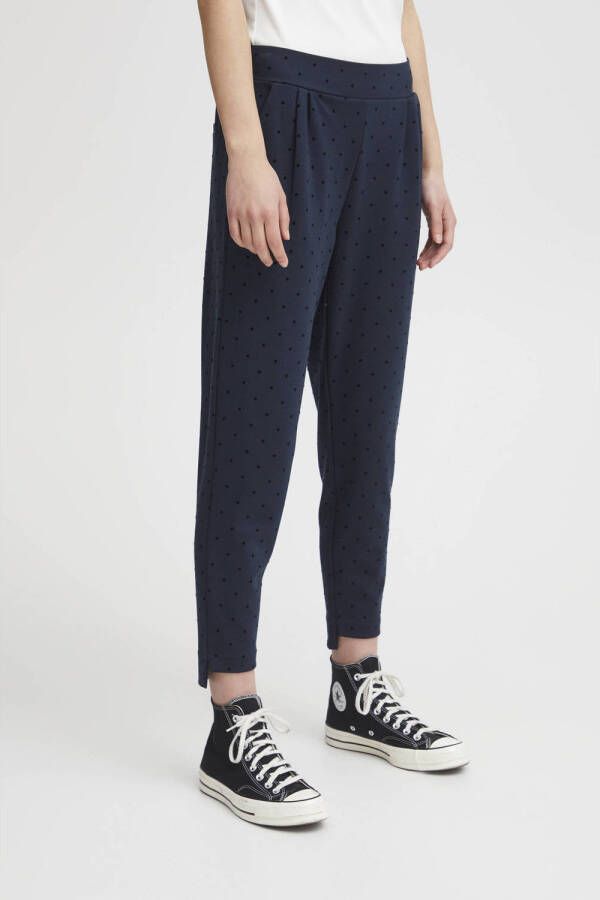 ICHI cropped slim fit pantalon IHKATE met stippen donkerblauw