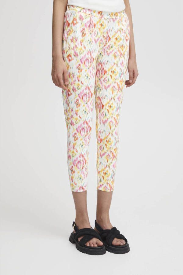 ICHI cropped slim fit pantalon IHKATE PRINT met all over print wit geel roze
