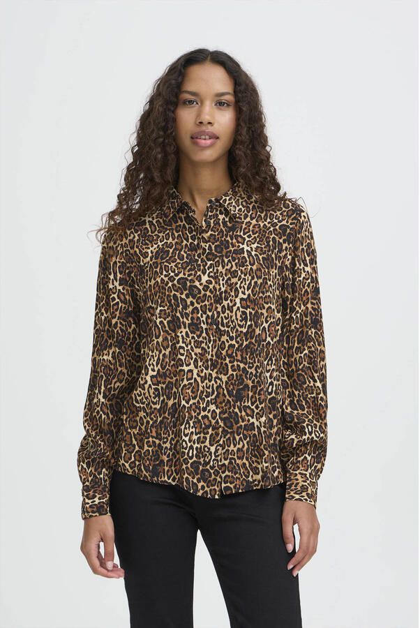 ICHI blouse met panterprint bruin
