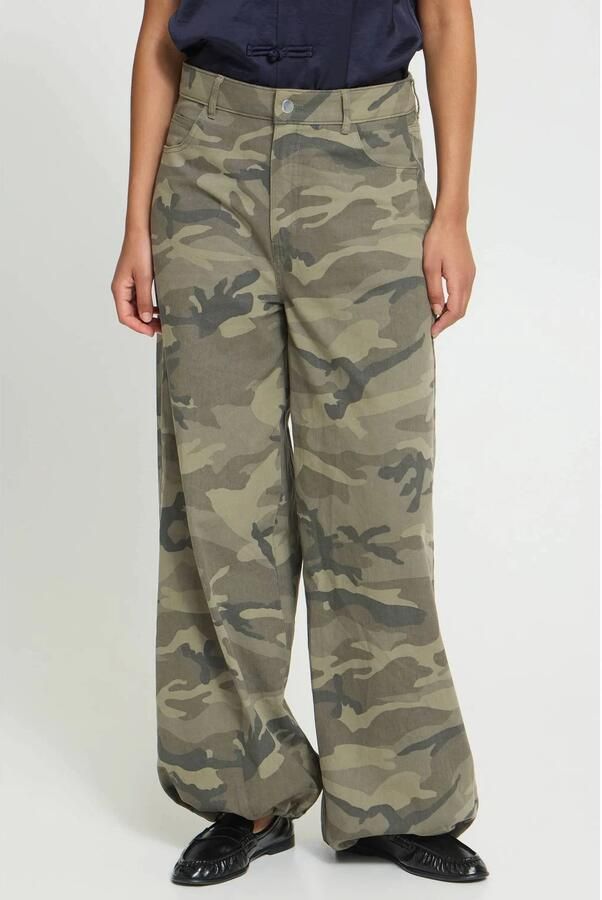 ICHI denim baggy camouflage broek groen