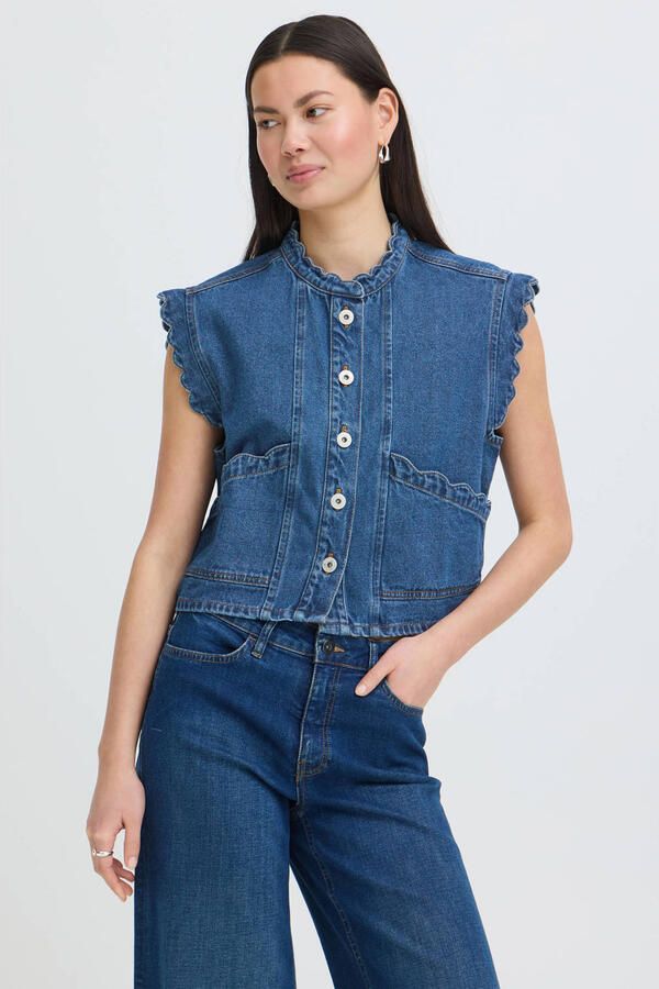 ICHI denim gilet met ruches mediumblauw