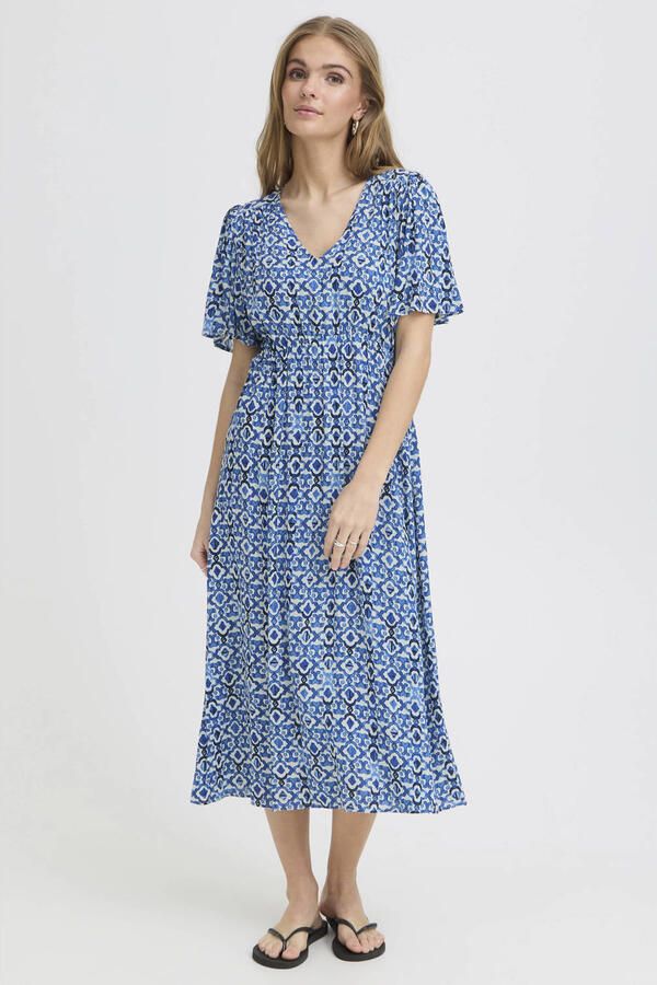 ICHI gebloemde midi jurk blauw