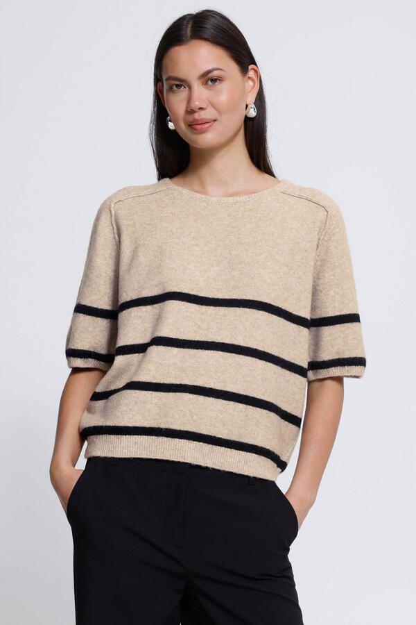 ICHI gebreide gestreepte trui met wol beige