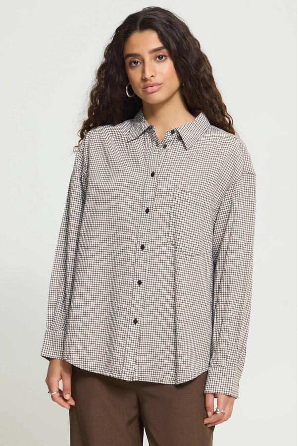 ICHI geruite blouse bruin