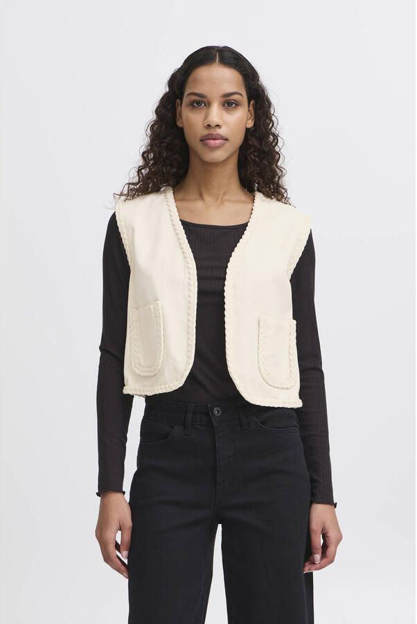 Ichi Open Vest met Korte Lengte en Zakken Beige Dames