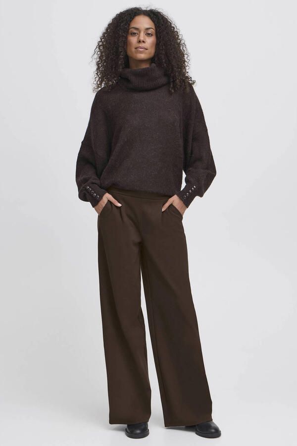 ICHI high waist wide leg pantalon met plooien bruin