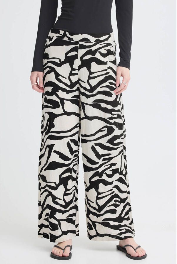 ICHI high waist casual broek met linnen zwart