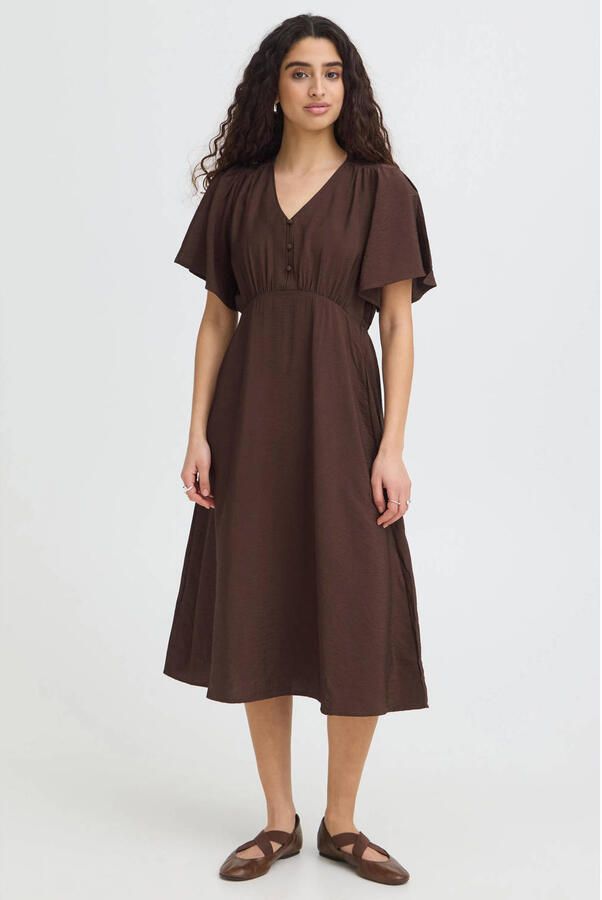 ICHI midi jurk donkerbruin